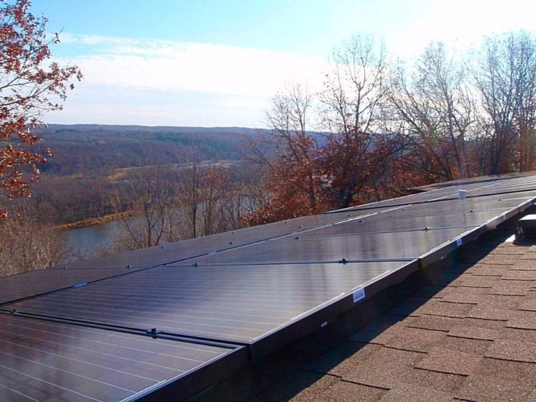 Flush mounted solar panels with view over the Mississippi river in Scandia, Minnesota.
