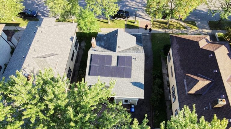 Aerial view of a solar array on a house in Saint Paul, Minnesota.