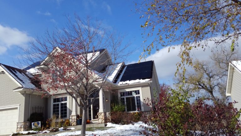 Residential solar array on winter day in Rosemount, Minnesota.