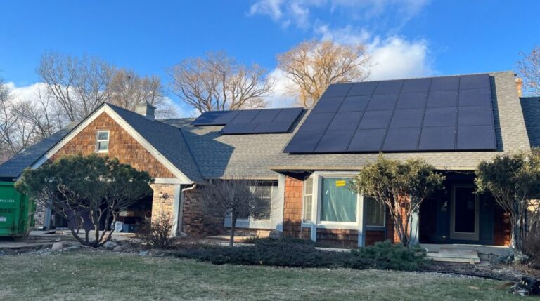 South facing solar modules on two separate roof surfaces in Orono, Minnesota.