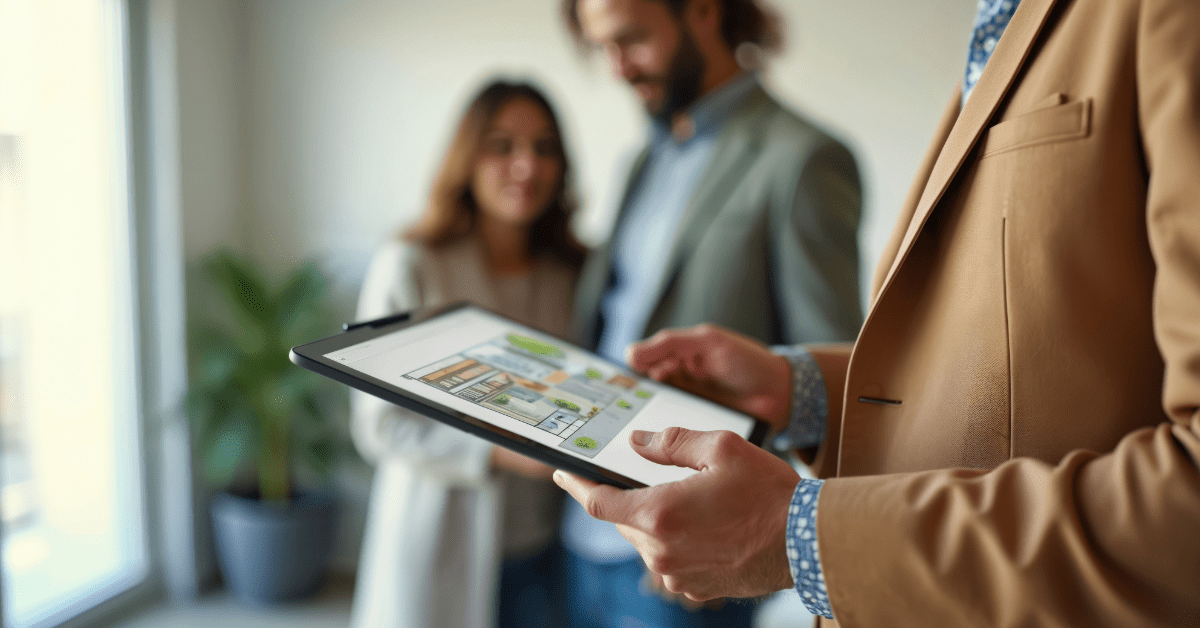 real estate agent showing solar powered home to potential buyers