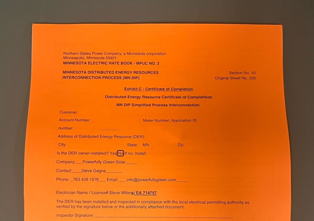 solar certificate for installation process